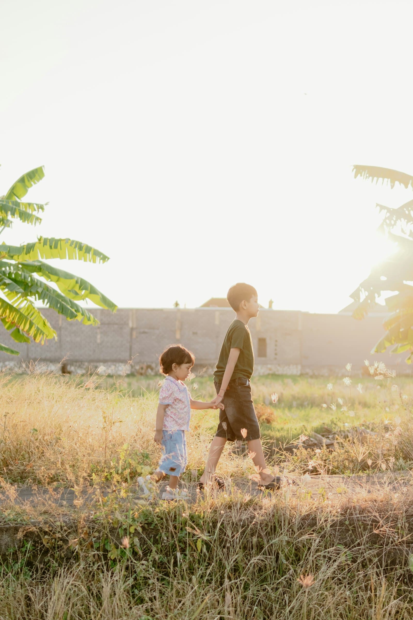 Two children walking together through a sunlit field